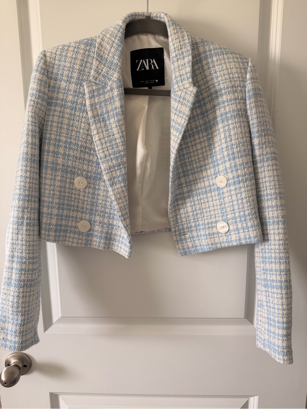 ZARA Baby Blue and Cream Tweed Cropped Double-Breasted Blazer